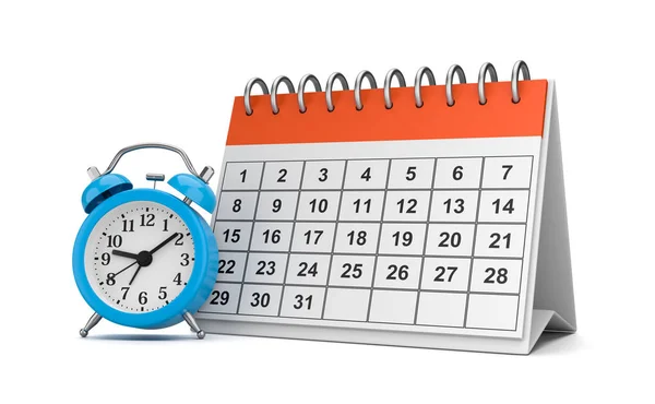 Orange White Desk Calendar Blue Alarm Clock White Background Illustration — Stock Photo, Image