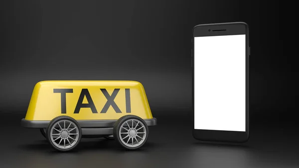 Panneau Jaune Toit Taxi Sur Roues Smartphone Écran Blanc Sur — Photo