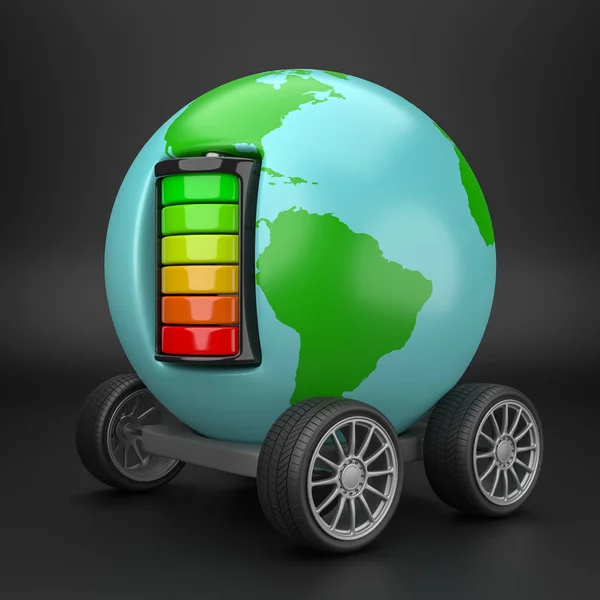 Earth Planet Wheels Powered Electric Battery Black Background Illustration — Stock Photo, Image