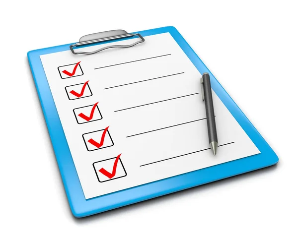 Blaues Klemmbrett Mit Checklistenpapier Und Schwarzem Kugelschreiber Auf Weißem Hintergrund — Stockfoto