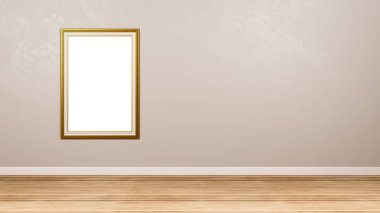 Klasik dikdörtgen portre boş altın resim çerçevesi boşaltmak 3d Render ile odada duvara