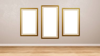 Klasik dikdörtgen boş altın resim çerçevesinin duvar odadaki Triptych 3d Render