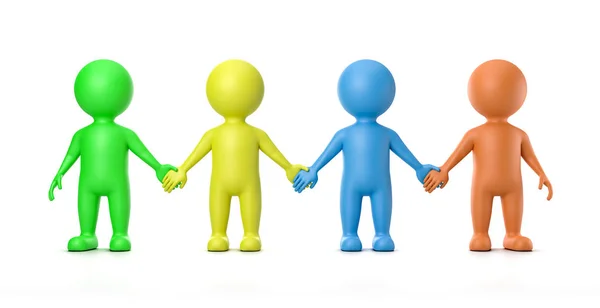 Four Multicolor Human Characters Holding Hands Illustration White Background — Stock Photo, Image