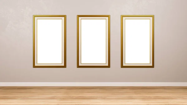 部屋の壁で 古典的な長方形の空ゴールデン画像フレームの三連祭壇画 のレンダリング — ストック写真
