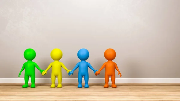 Quatro Personagens Humanos Multicoloridos Segurando Mãos Chão Madeira Uma Sala — Fotografia de Stock