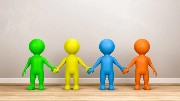 Four Multicolor Human Characters Holding Hands Wooden Floor Gray Wall — Stock Photo, Image