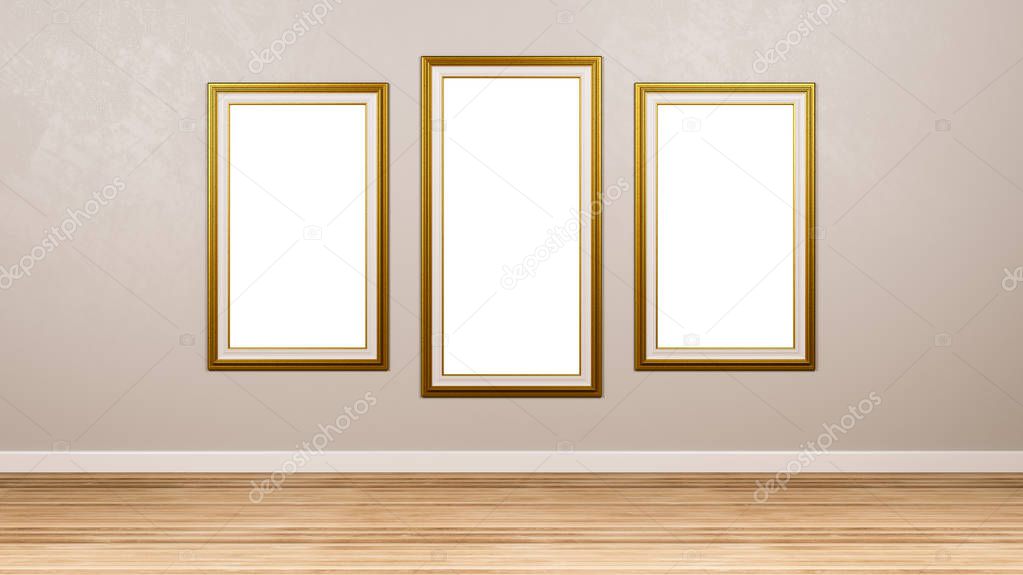 Triptych of Classic Rectangular Empty Golden Picture Frame at the Wall in the Room 3D Render