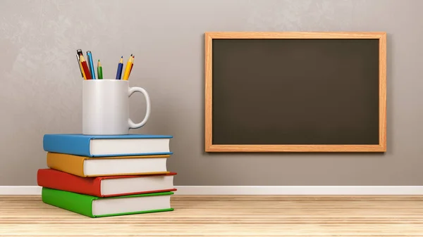 Leere Tafel Mit Einem Stapel Bücher Und Schreibwaren — Stockfoto