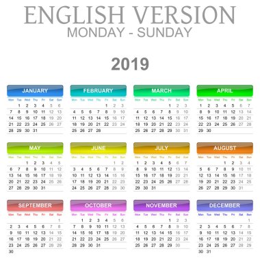 Renkli pazartesiden pazara 2019 takvim İngilizce dil sürümü illüstrasyon