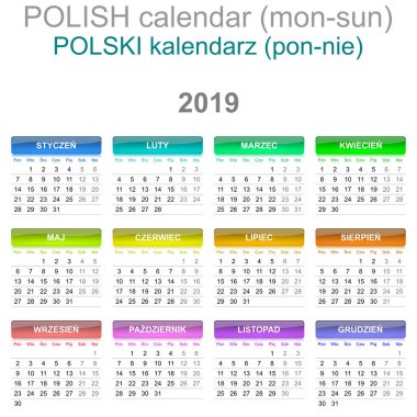 Pazartesi-Pazar 2019 takvim Lehçe dil sürümü illüstrasyon renkli