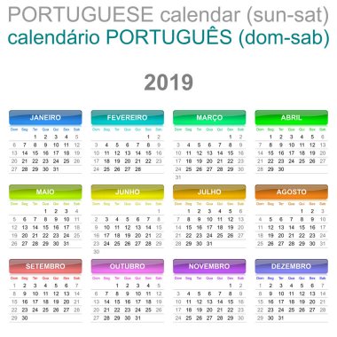 Renkli Pazar-Cumartesi 2019 takvim Portekizce dil sürümü illüstrasyon