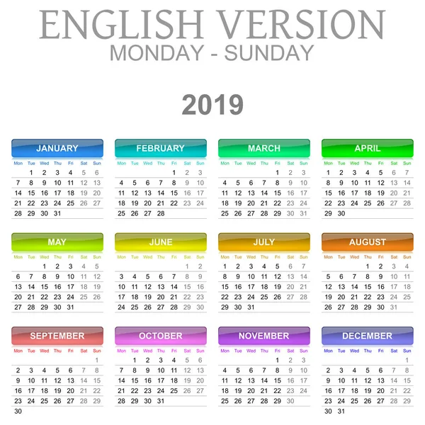 カラフルな月曜日 日曜日 2019年カレンダー英語言語バージョンの図 — ストックベクタ