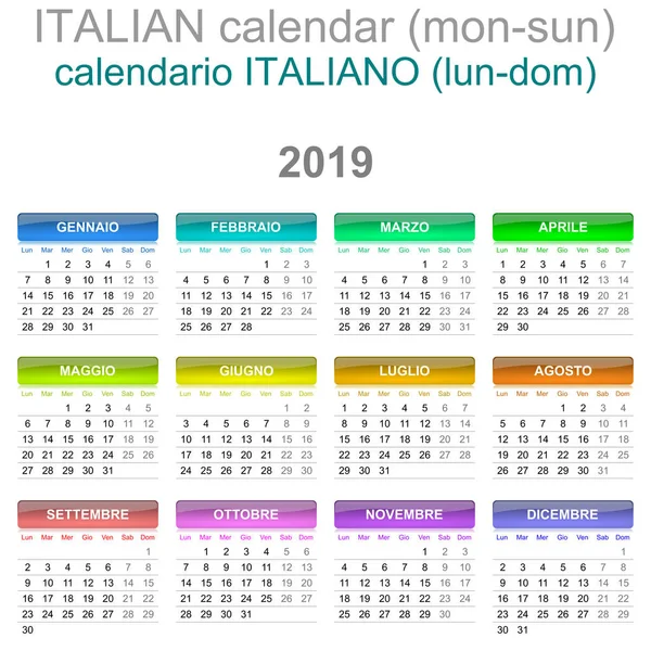 Barevné Pondělí Neděle 2019 Kalendáře Italského Jazyka Verze Obrázku — Stockový vektor