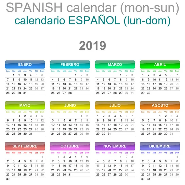 カラフルな月曜日 日曜日 2019 はスペイン語バージョンのイラスト カレンダー — ストックベクタ