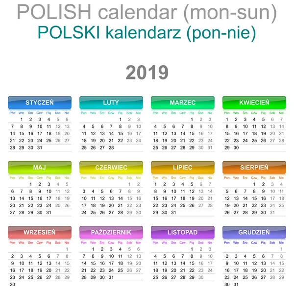 Färgglada Måndag Till Söndag 2019 Kalender Polska Språket Version Illustration — Stock vektor