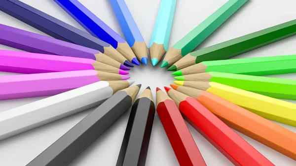 彩色木制铅笔彩虹在白色背景上的圆圈排列3D — 图库照片