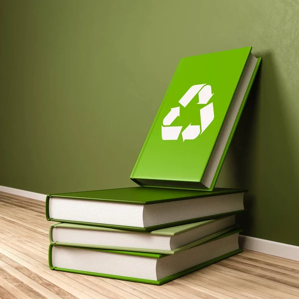 Livro Com Símbolo Reciclagem Capa Cima Uma Pilha Livros Verdes — Fotografia de Stock