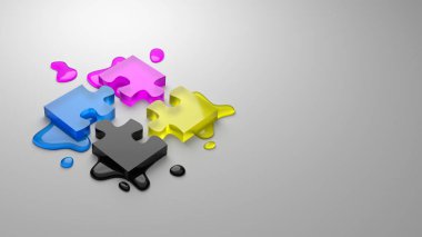 CMYK Four Colors Glassy Puzzle Pieces Combined with Ink Stains on Gray Background with Copy Space 3D Illustration,  Four-Color Process Concept clipart