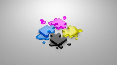 Cmyk dört renk gri mürekkep lekesi camsı Puzzle parçaları birlikte 3d çizim, dört renkli işlem kavramı arka plan