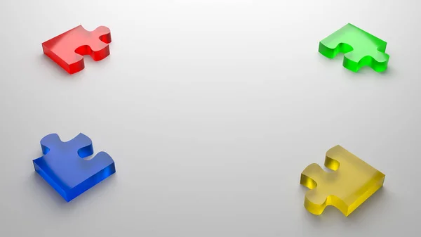 Quattro Pezzi Puzzle Vetro Colori Con Illustrazione Copyspace Sfondo Grigio — Foto Stock