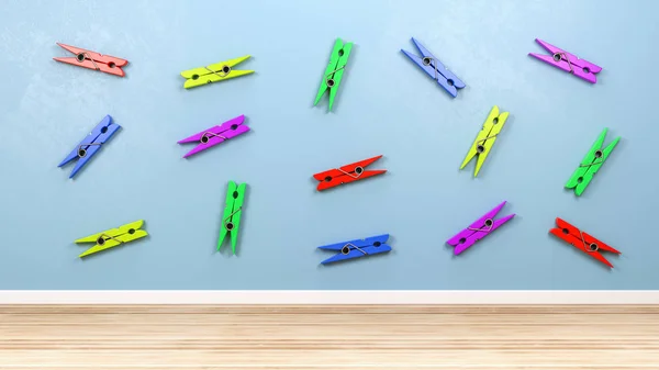 Mavi Duvar Odadaki Renkli Plastik Clothespin Çizim — Stok fotoğraf