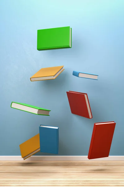 Colorful Set Books Flying Blue Wall Room Illustration — Stock Photo, Image