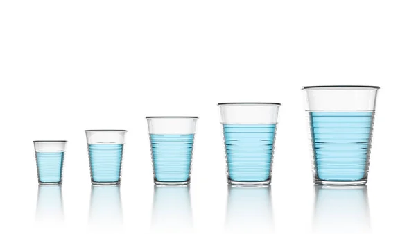Set Five Increasing Size Transparent Plastic Cups Blue Water Isolated — Stock Photo, Image