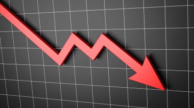 Düşen kırmızı ok grafik üzerinde siyah arka plan 3d çizim