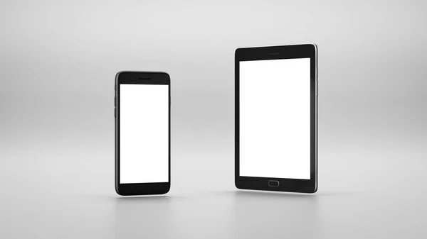 Стоячи Смартфонів Планшетних Білим Погасити Екран Сірий Фон Copyspace Ілюстрація — стокове фото