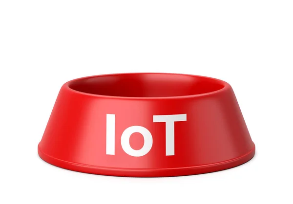 Empty Red Plastic Pets Bowl Iot Text Isolated White Background — Stock Photo, Image