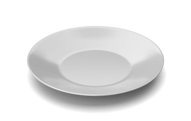 Bir tek boş beyaz porselen tabak beyaz izole 3d resimde arka plan
