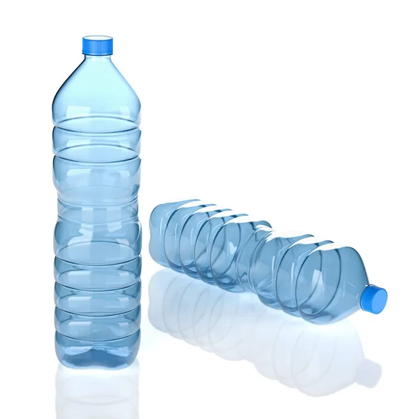 Two Empty Transparent Blue Plastic Water Bottles White Background Illustration — Stock Photo, Image