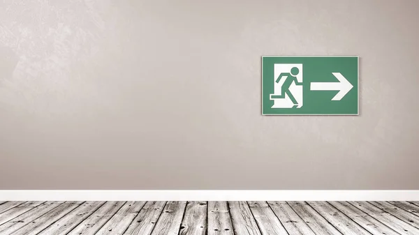 Emergency Exit Sign Against Gray Wall in the Room with Copy Space 3D Illustration
