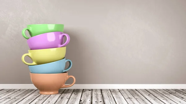 Gekleurde Porseleinen Stapel Ontbijt Cups Houten Vloer Tegen Grijze Muur — Stockfoto