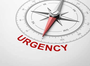 Manyetik pusula ile iğne işaret eden kırmızı aciliyet kelime beyaz arka plan 3d çizim