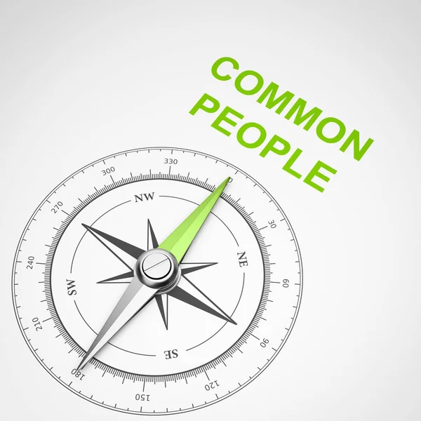 Magnetic Compass Needle Pointing Green Common People Text White Background — Stock Photo, Image