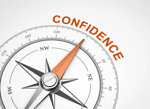 Magnetic Compass Needle Pointing Orange Confidence Word White Background Illustration — Stock Photo, Image