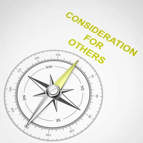 Magnetický Kompas Jehlou Směřující Žluté Ohleduplnost Ostatním Text Bílém Pozadí — Stock fotografie