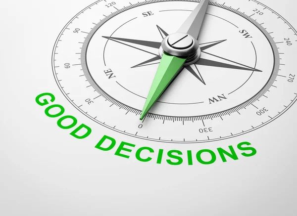 Magnetic Compass Needle Pointing Green Good Decisions Text White Background — Stock Photo, Image