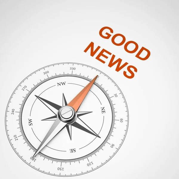 Magnetic Compass Needle Pointing Orange Good News Text White Background — Stock Photo, Image