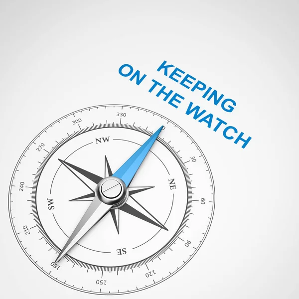 Magnetic Compass Needle Pointing Blue Keeping Watch Text White Background — Stock Photo, Image