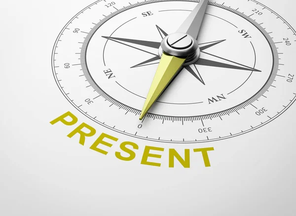 Magnetic Compass Needle Pointing Yellow Present Word White Background Illustration — Stock Photo, Image