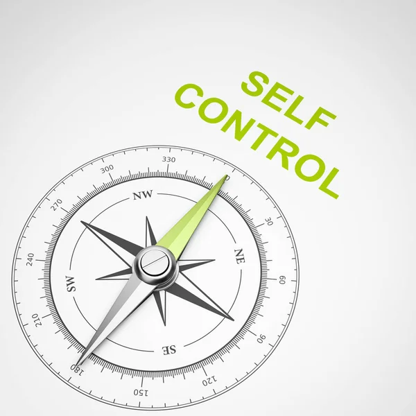 Magnetický Kompas Jehlou Směřující Zelené Sebeovládání Textem Bílém Pozadí Obrázek — Stock fotografie