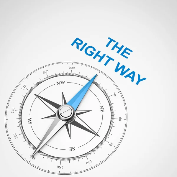 Magnetic Compass Needle Pointing Blue Right Way Text White Background — Stock Photo, Image