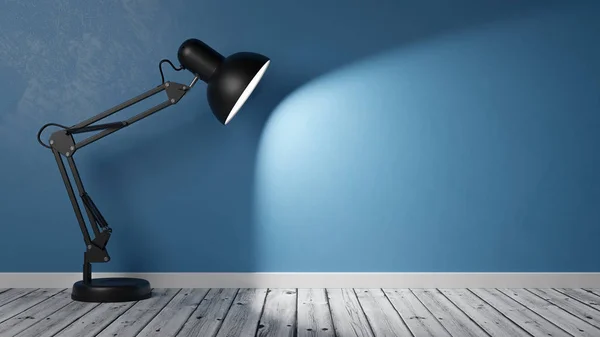 Encendido lámpara de escritorio negro en piso de madera en la habitación — Foto de Stock