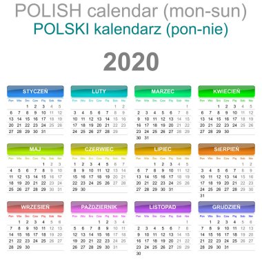 2020 Takvim Lehçe Dil Pazartesi-Pazar