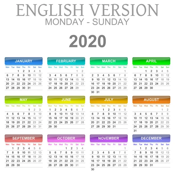 2020 календар англійської мови з понеділка по неділю — стокове фото