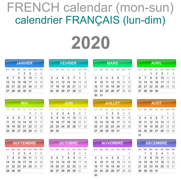 Calendarul 2020 Limba franceză de luni până duminică — Fotografie, imagine de stoc