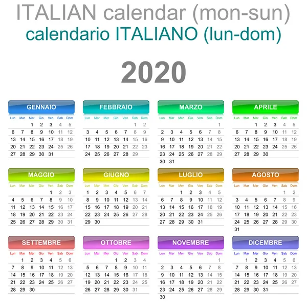 Calendar 2020 Limba italiană Luni până Duminică — Fotografie, imagine de stoc
