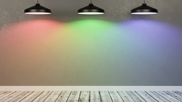 Pared de una habitación vacía iluminada por lámparas de luz RGB —  Fotos de Stock